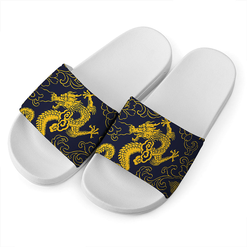 Gold Japanese Dragon Pattern Print White Slide Sandals