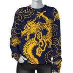 Gold Japanese Dragon Pattern Print Women's Crewneck Sweatshirt GearFrost