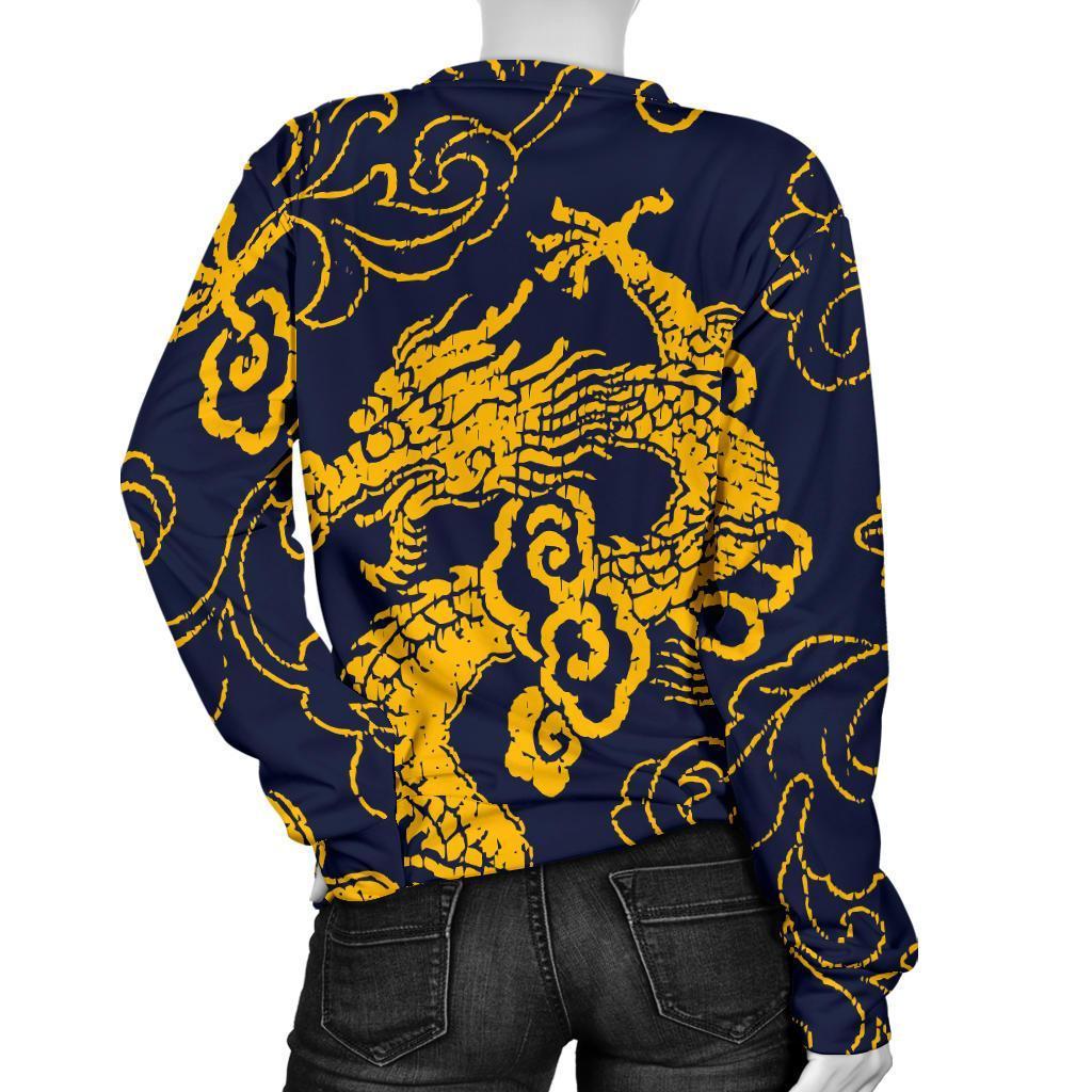 Gold Japanese Dragon Pattern Print Women's Crewneck Sweatshirt GearFrost