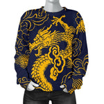 Gold Japanese Dragon Pattern Print Women's Crewneck Sweatshirt GearFrost