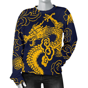 Gold Japanese Dragon Pattern Print Women's Crewneck Sweatshirt GearFrost