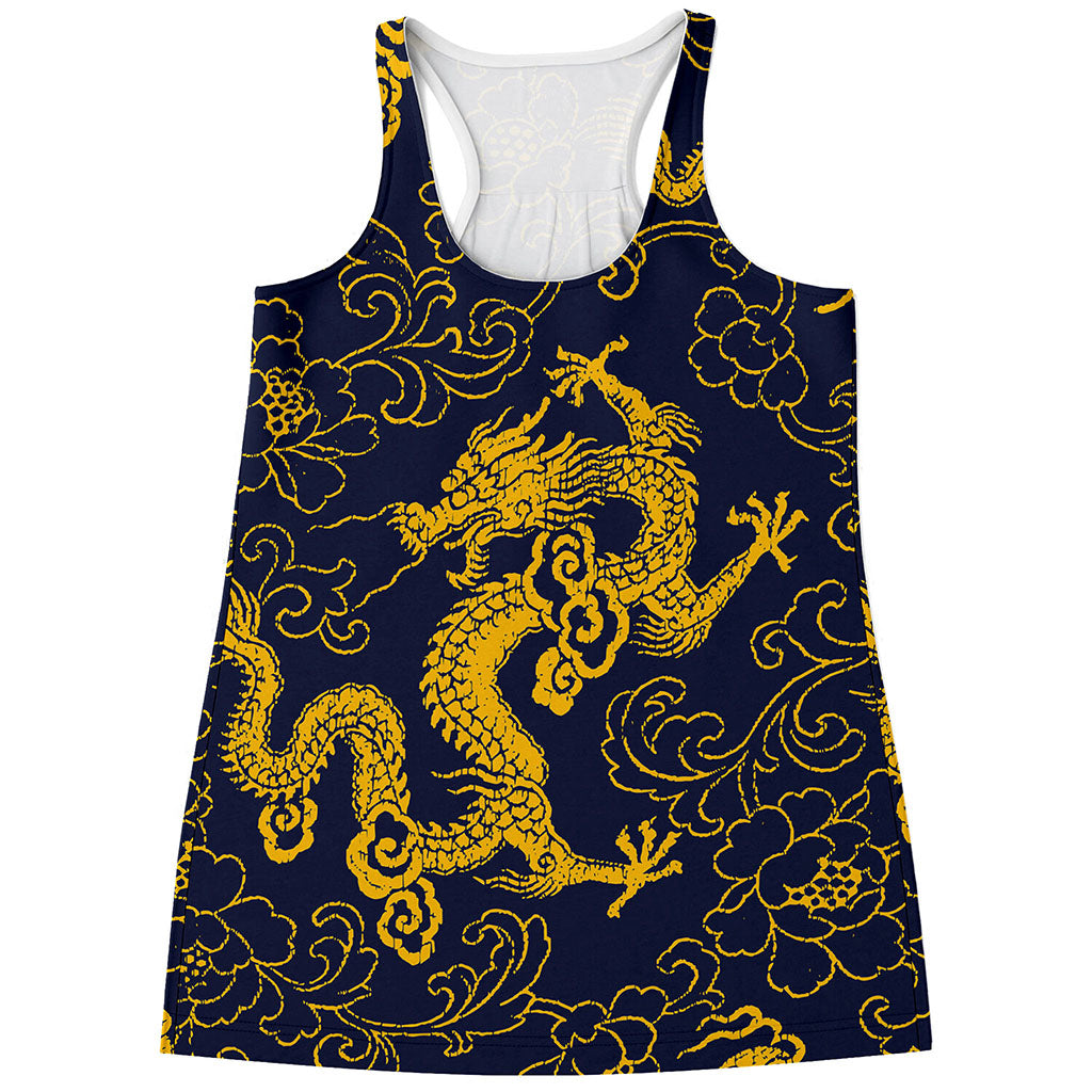 Gold Japanese Dragon Pattern Print Women's Racerback Tank Top