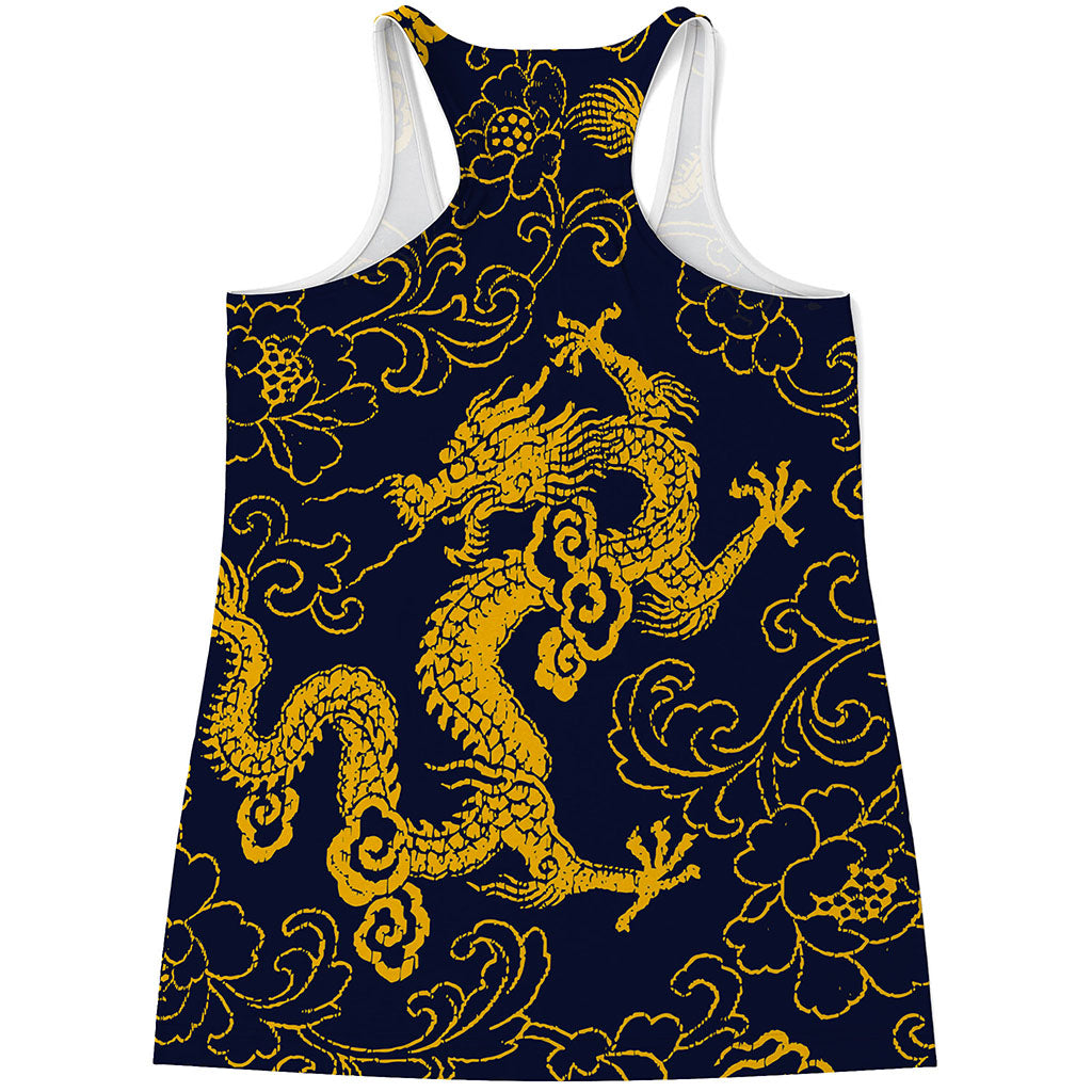 Gold Japanese Dragon Pattern Print Women's Racerback Tank Top