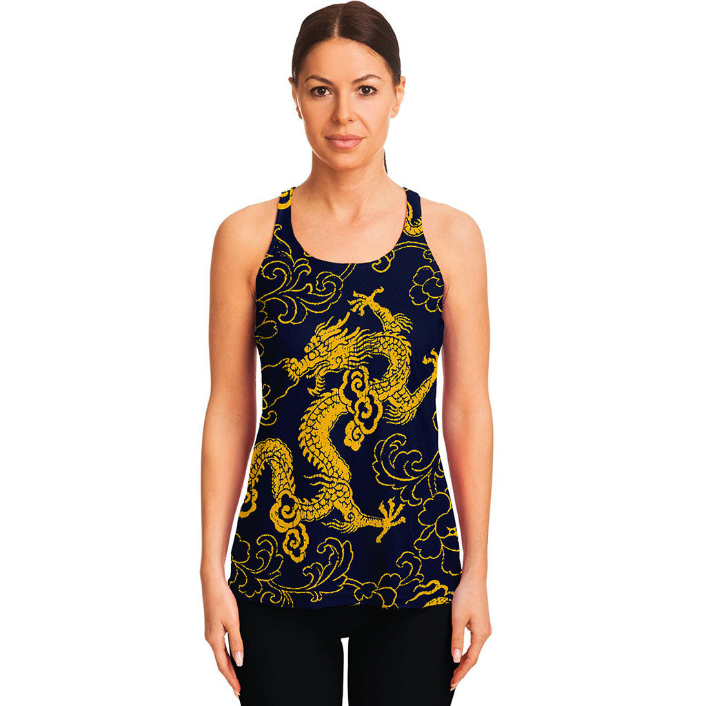 Gold Japanese Dragon Pattern Print Women's Racerback Tank Top