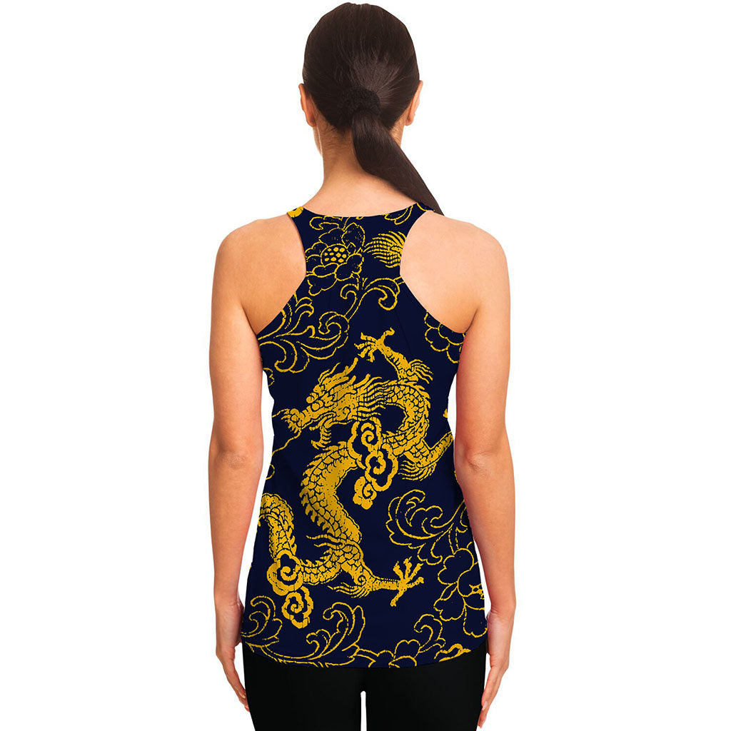 Gold Japanese Dragon Pattern Print Women's Racerback Tank Top