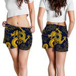 Gold Japanese Dragon Pattern Print Women's Shorts