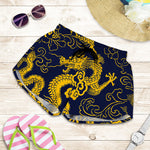 Gold Japanese Dragon Pattern Print Women's Shorts