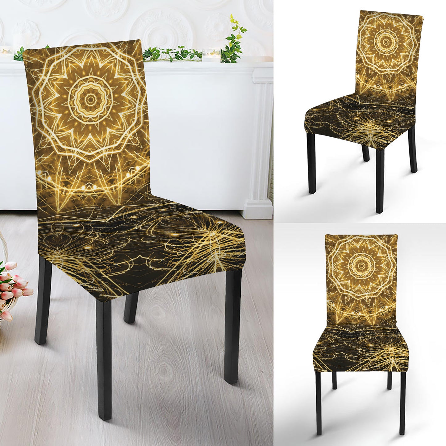 Gold Kaleidoscope Print Dining Chair Slipcover