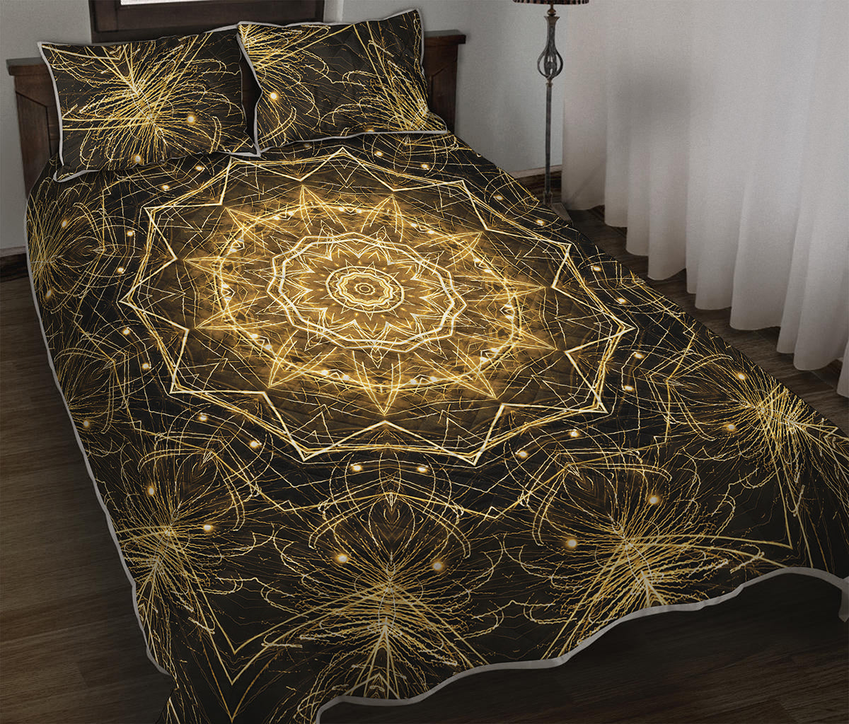 Gold Kaleidoscope Print Quilt Bed Set
