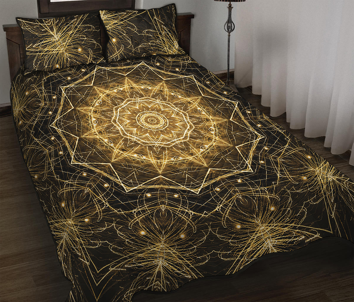 Gold Kaleidoscope Print Quilt Bed Set