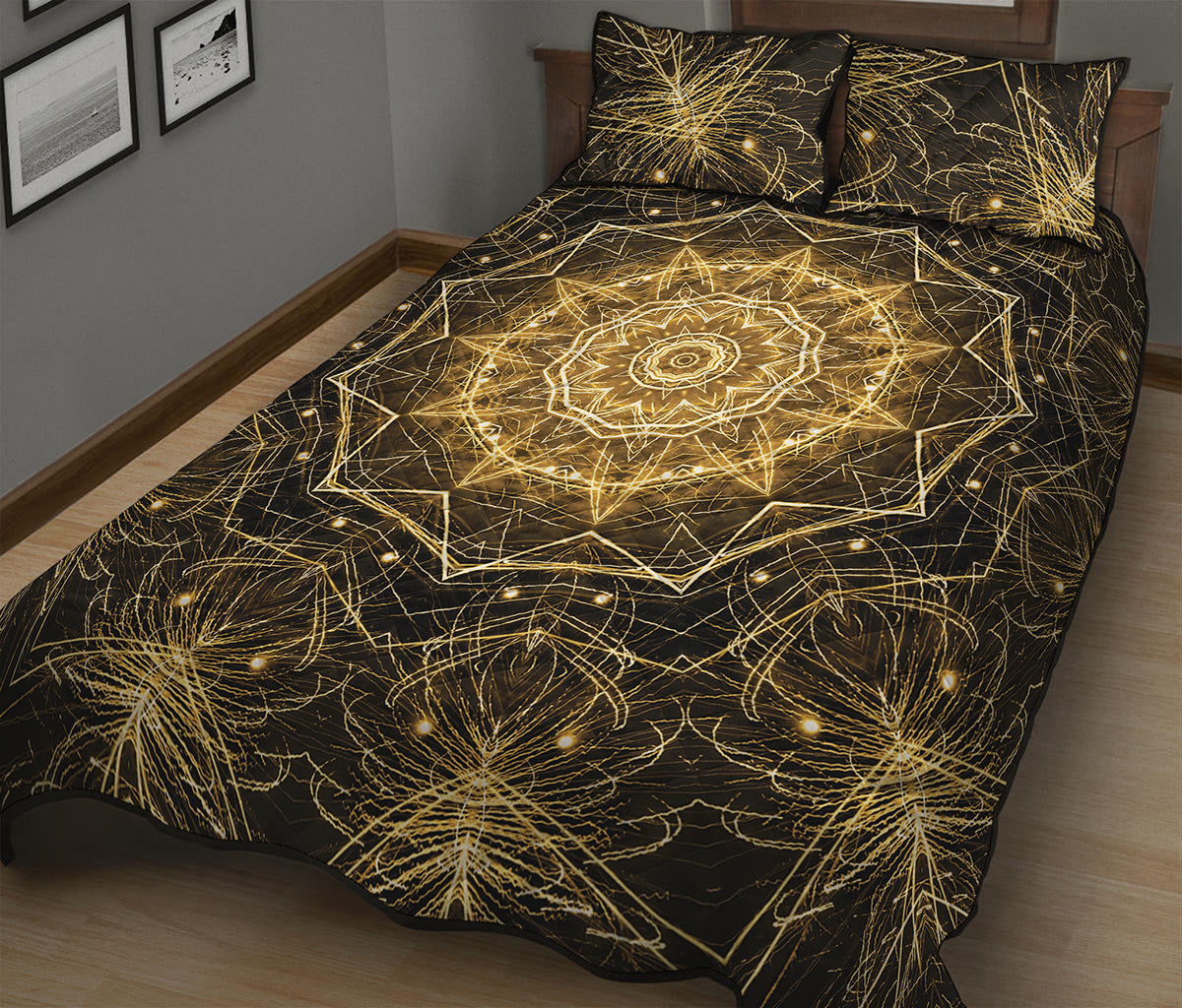 Gold Kaleidoscope Print Quilt Bed Set