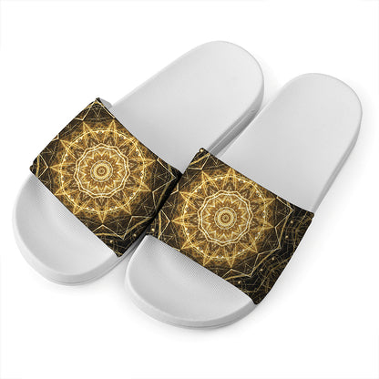 Gold Kaleidoscope Print White Slide Sandals
