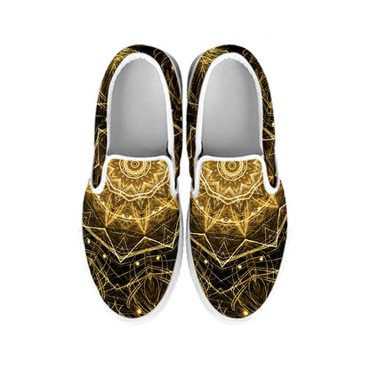 Gold Kaleidoscope Print White Slip On Shoes