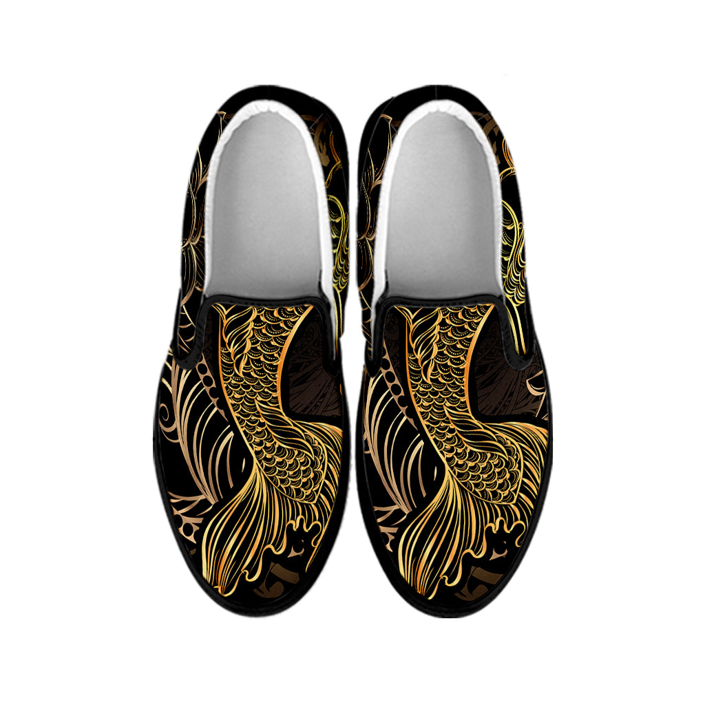Gold Koi Carp Fish Print Black Slip On Shoes