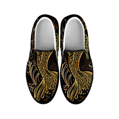 Gold Koi Carp Fish Print Black Slip On Shoes