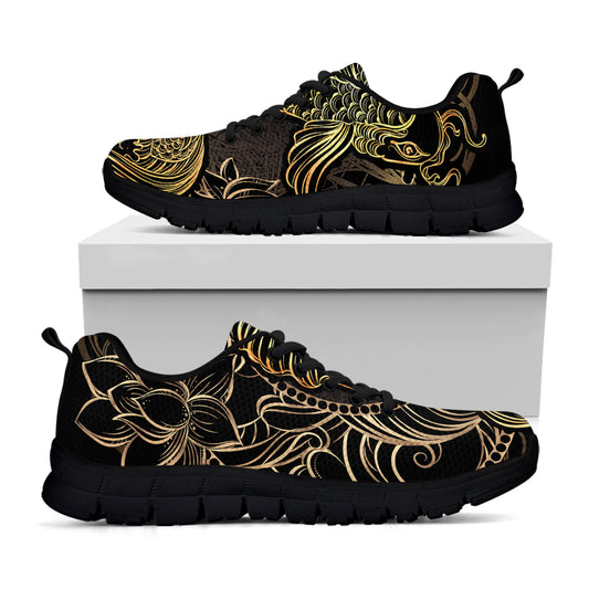 Gold Koi Carp Fish Print Black Sneakers