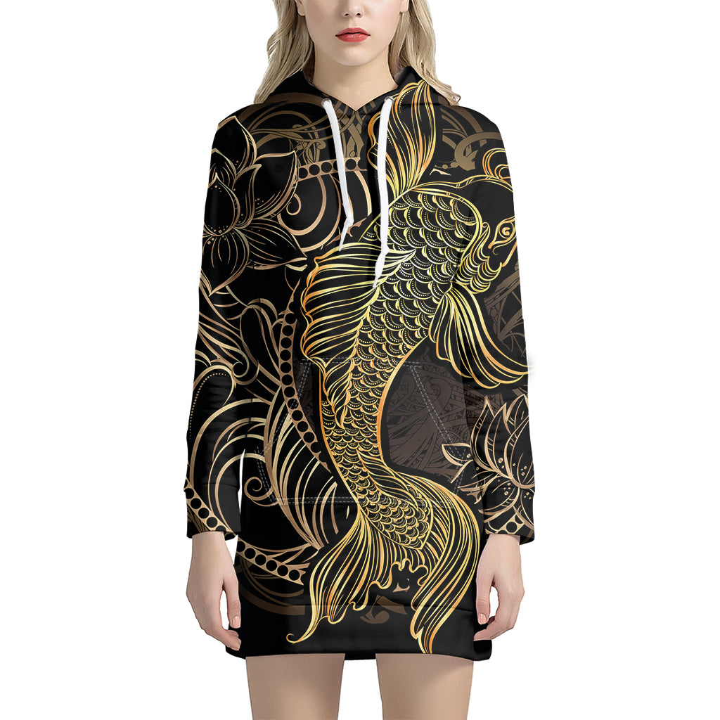 Gold Koi Carp Fish Print Pullover Hoodie Dress