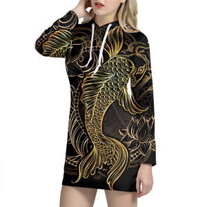 Gold Koi Carp Fish Print Pullover Hoodie Dress