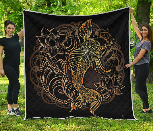 Gold Koi Carp Fish Print Quilt
