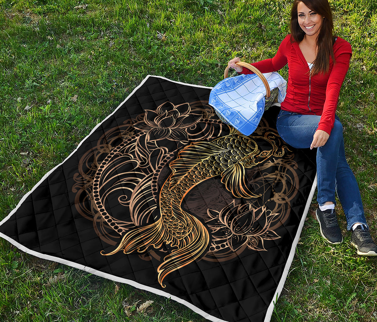 Gold Koi Carp Fish Print Quilt