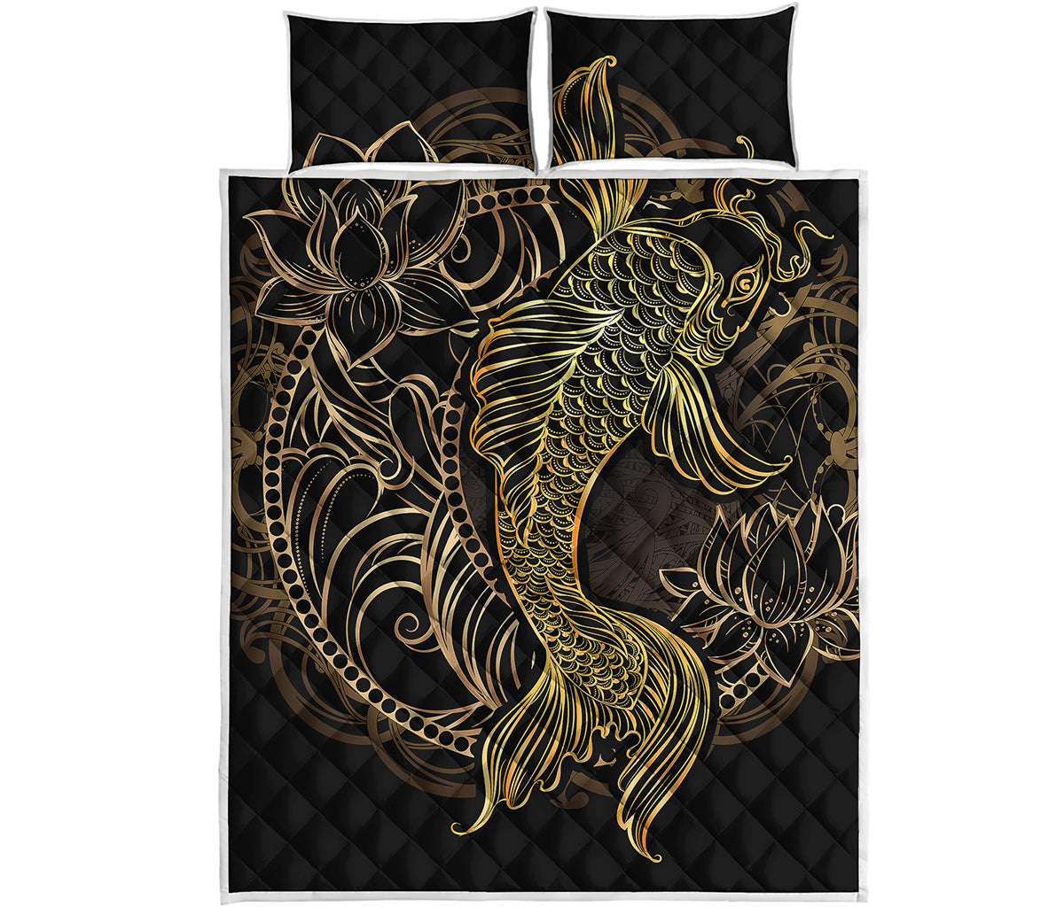 Gold Koi Carp Fish Print Quilt Bed Set