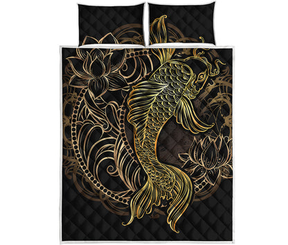 Gold Koi Carp Fish Print Quilt Bed Set
