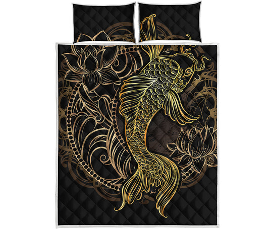 Gold Koi Carp Fish Print Quilt Bed Set