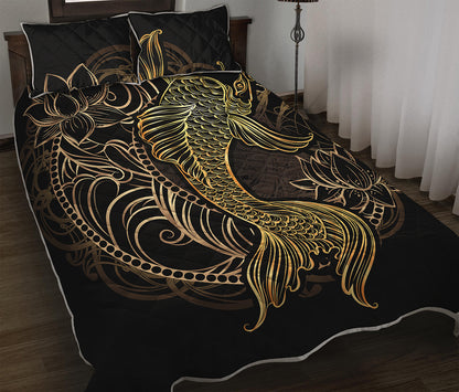 Gold Koi Carp Fish Print Quilt Bed Set