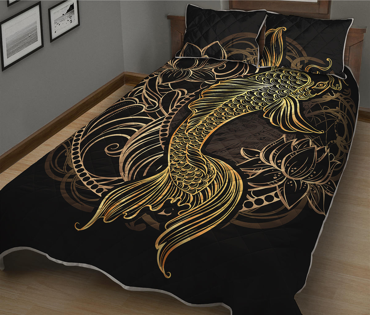 Gold Koi Carp Fish Print Quilt Bed Set