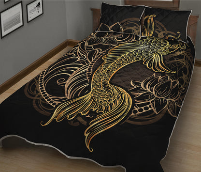 Gold Koi Carp Fish Print Quilt Bed Set