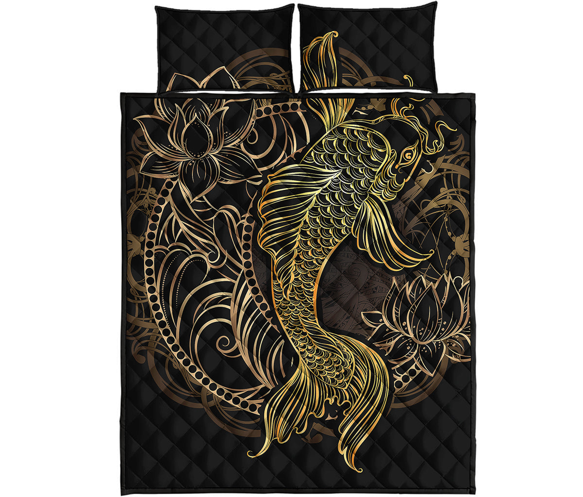 Gold Koi Carp Fish Print Quilt Bed Set