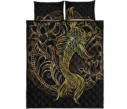 Gold Koi Carp Fish Print Quilt Bed Set