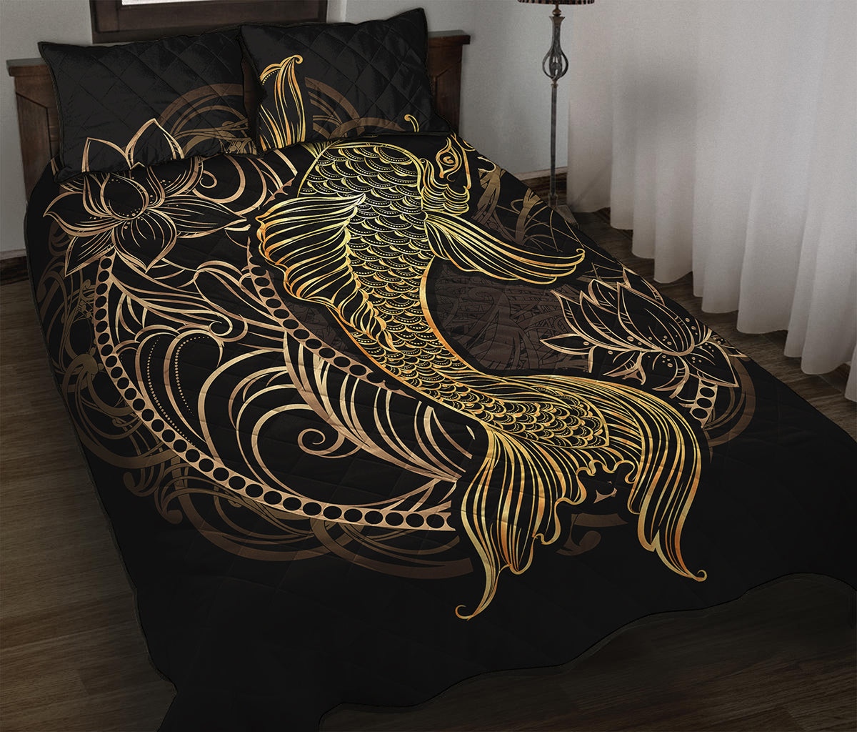 Gold Koi Carp Fish Print Quilt Bed Set
