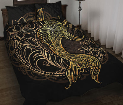 Gold Koi Carp Fish Print Quilt Bed Set