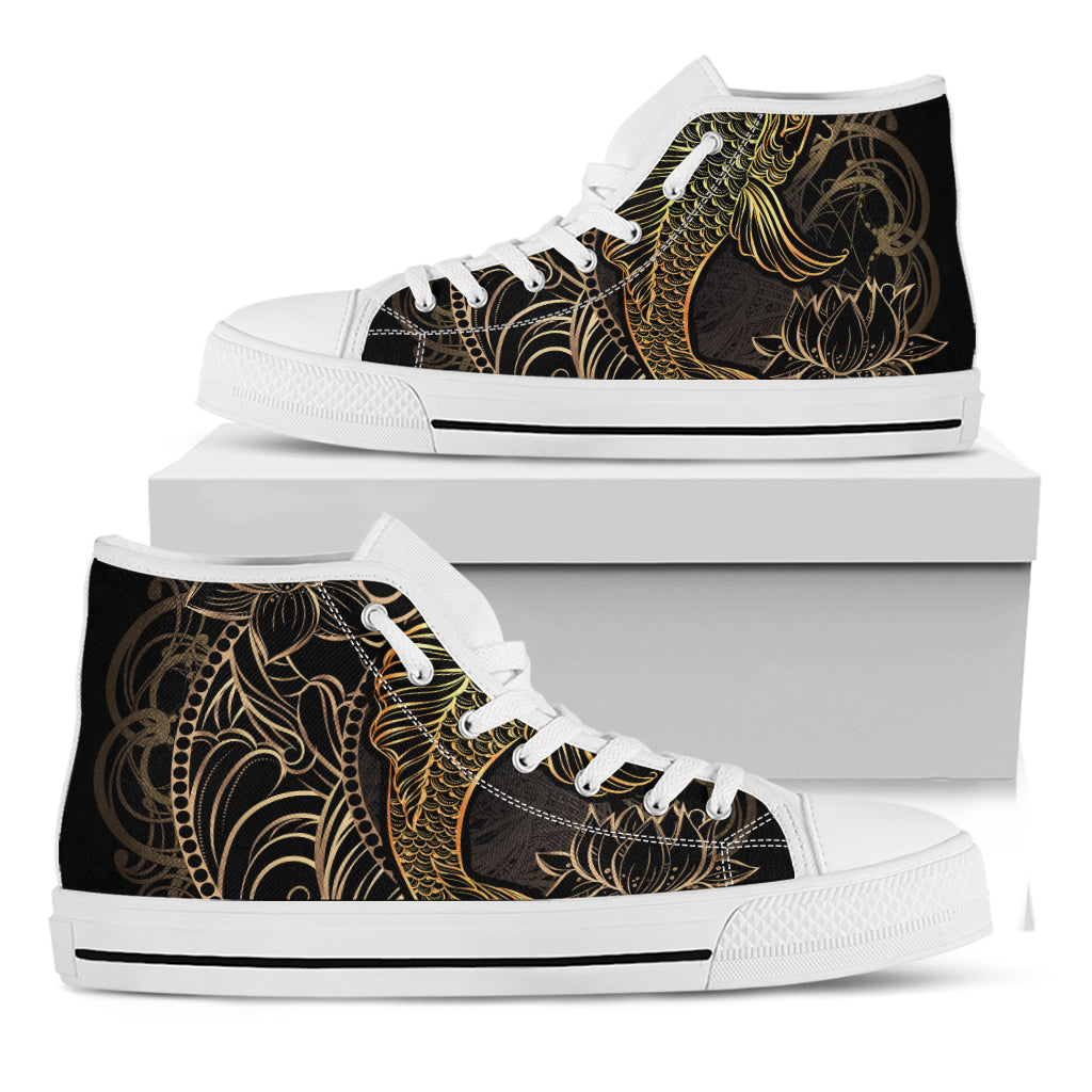 Gold Koi Carp Fish Print White High Top Shoes