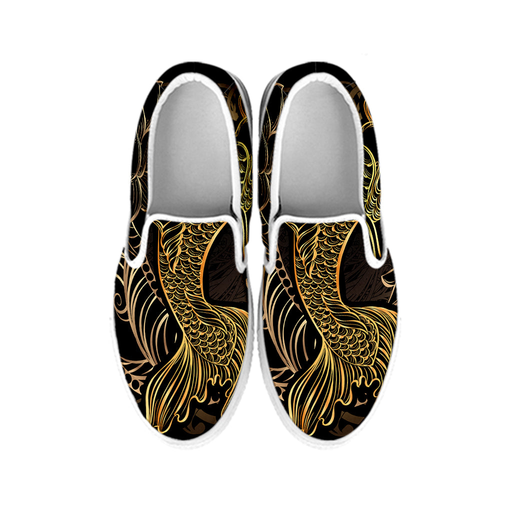 Gold Koi Carp Fish Print White Slip On Shoes