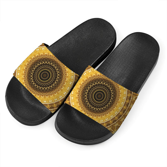 Gold Lights Kaleidoscope Print Black Slide Sandals