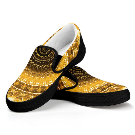 Gold Lights Kaleidoscope Print Black Slip On Shoes
