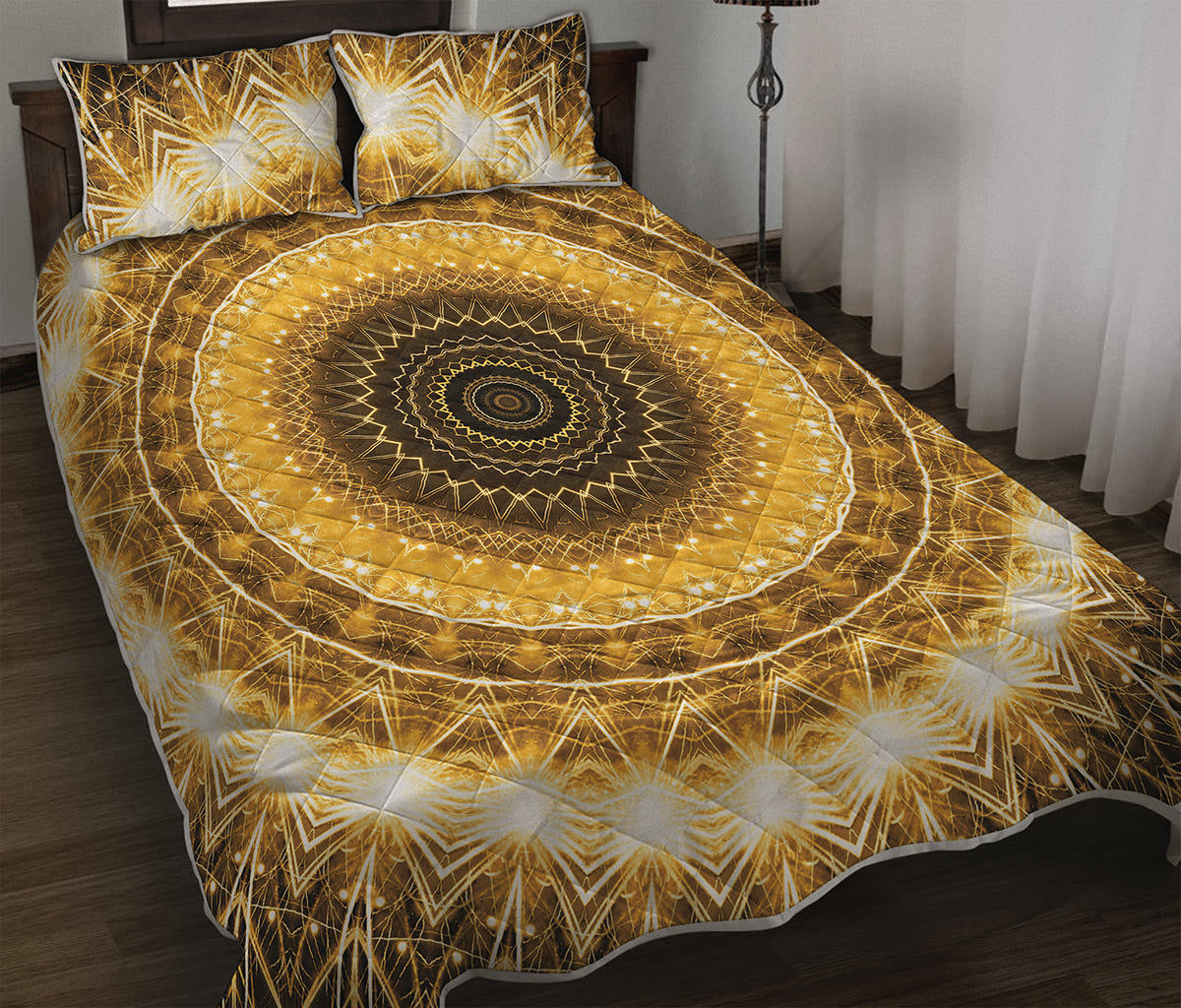 Gold Lights Kaleidoscope Print Quilt Bed Set