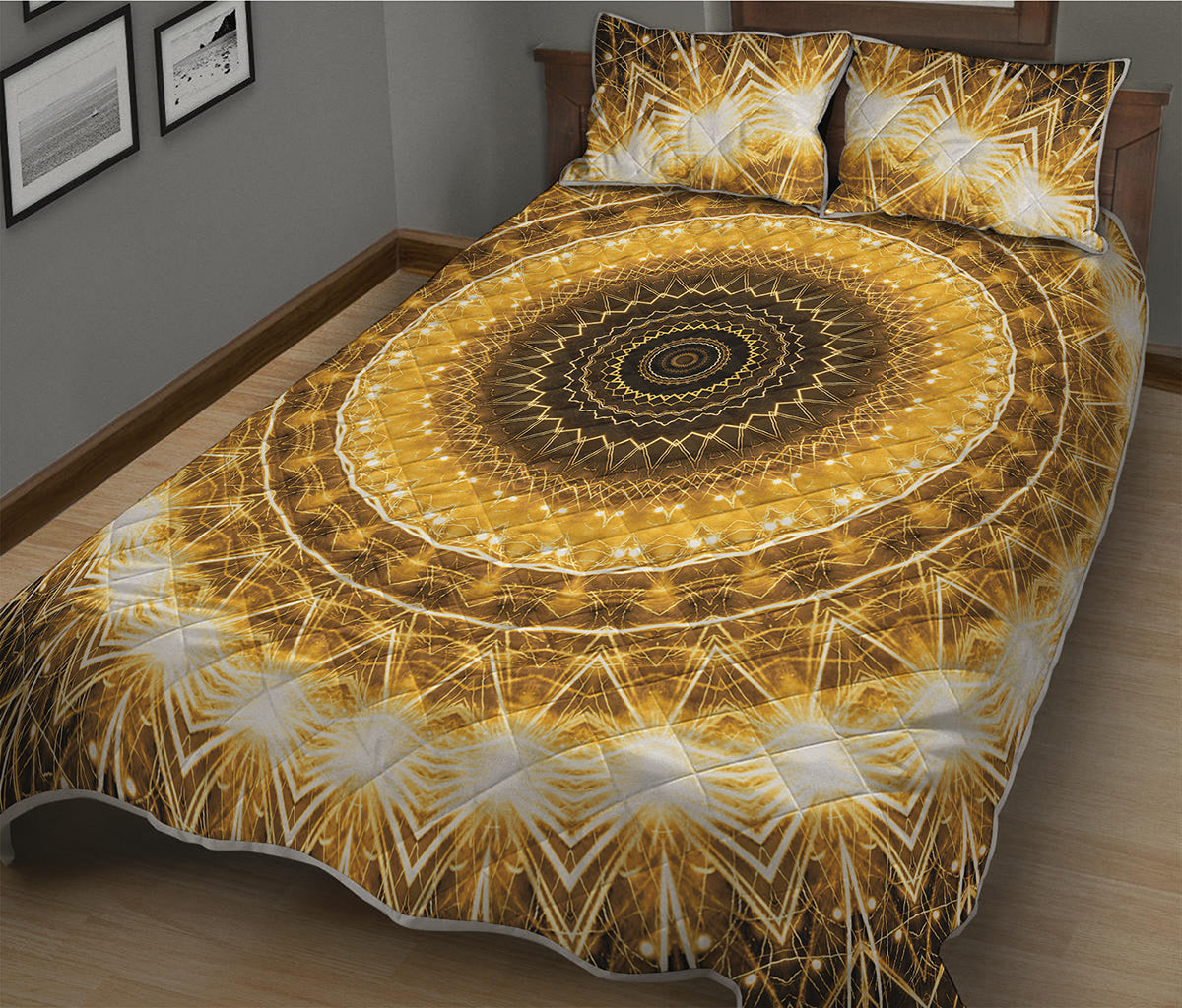 Gold Lights Kaleidoscope Print Quilt Bed Set