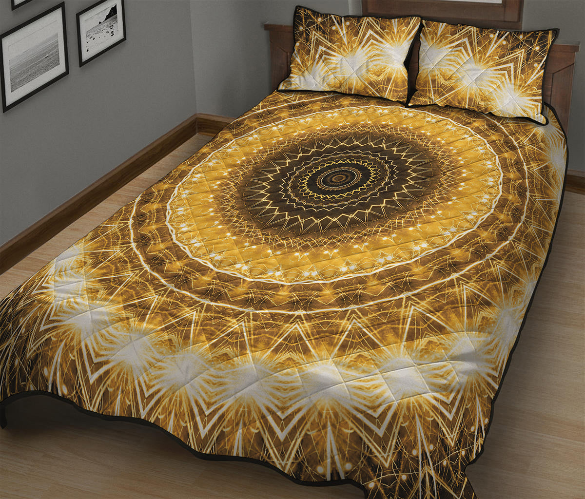 Gold Lights Kaleidoscope Print Quilt Bed Set