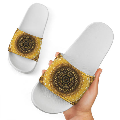 Gold Lights Kaleidoscope Print White Slide Sandals