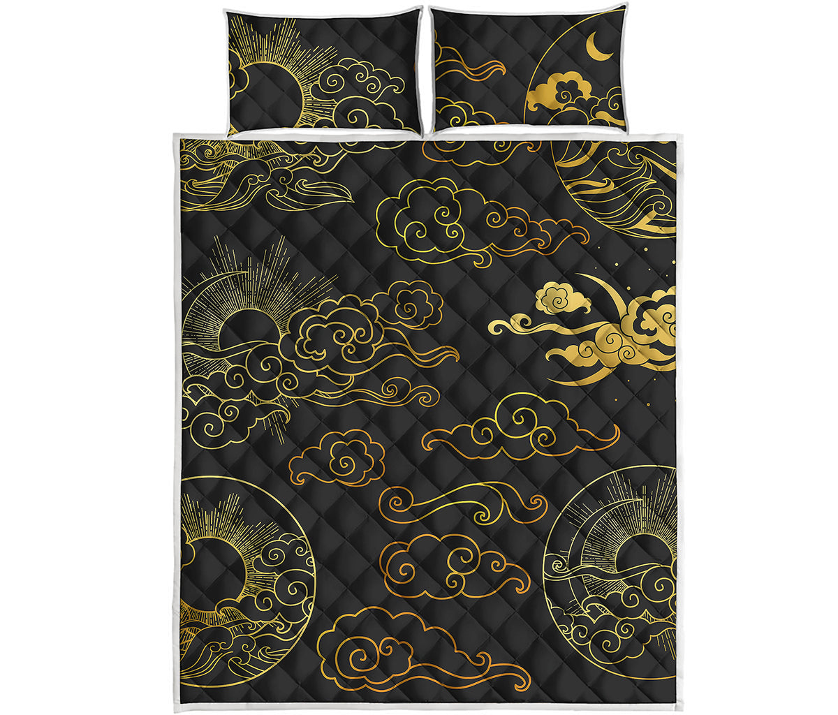 Gold Moon And Sun Print Quilt Bed Set