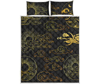 Gold Moon And Sun Print Quilt Bed Set