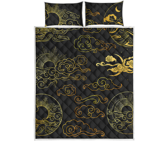 Gold Moon And Sun Print Quilt Bed Set