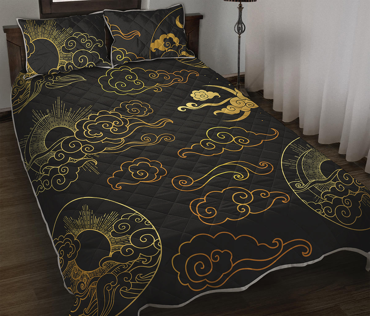 Gold Moon And Sun Print Quilt Bed Set
