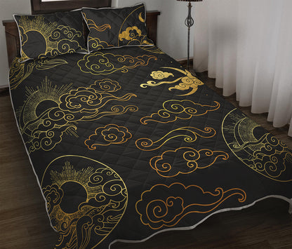 Gold Moon And Sun Print Quilt Bed Set