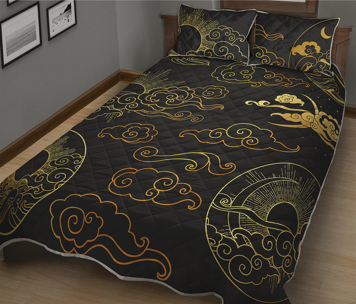 Gold Moon And Sun Print Quilt Bed Set
