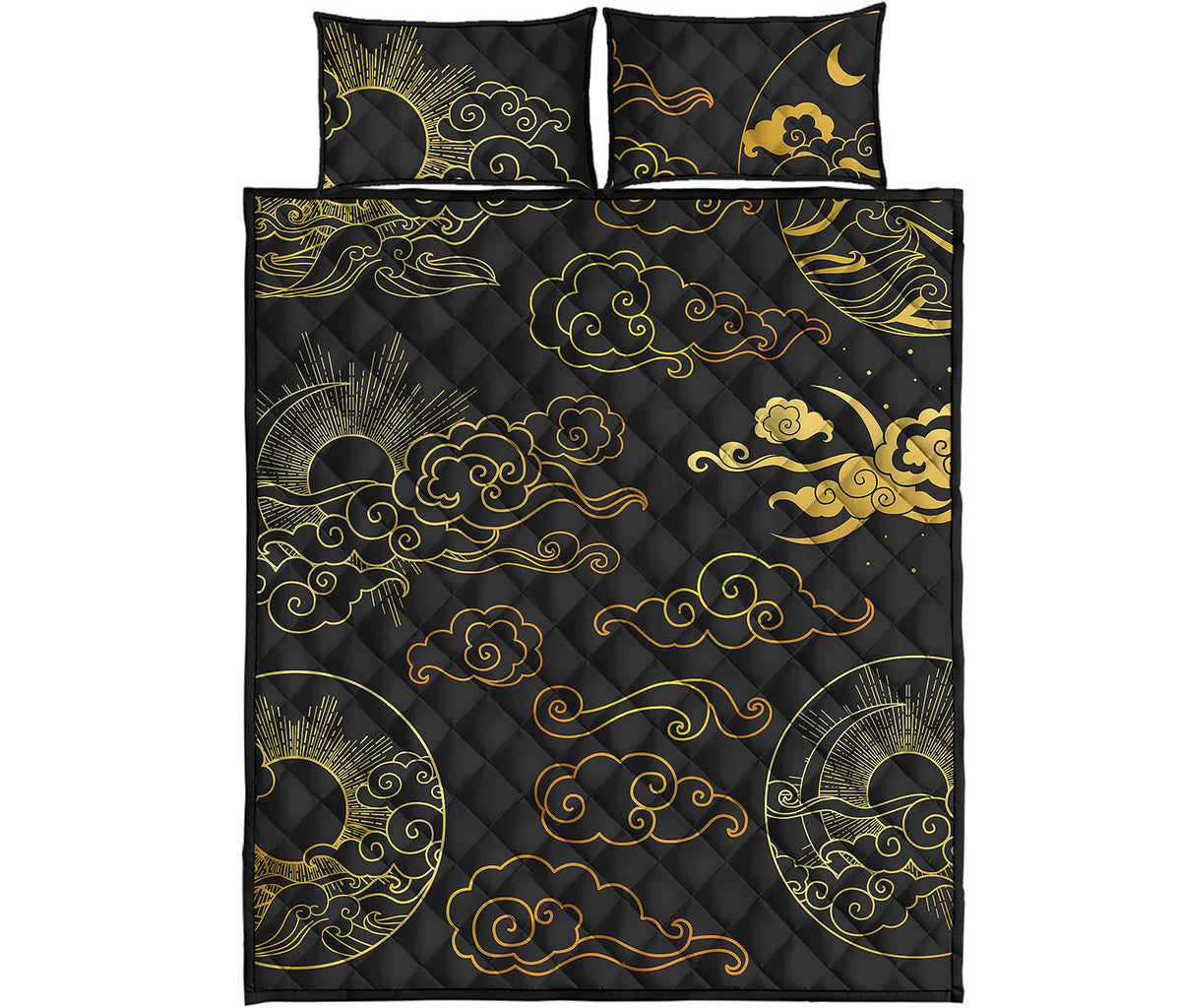 Gold Moon And Sun Print Quilt Bed Set
