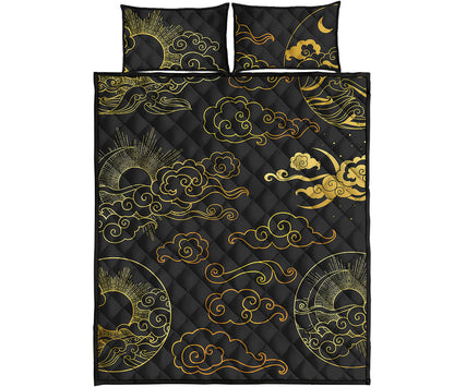 Gold Moon And Sun Print Quilt Bed Set